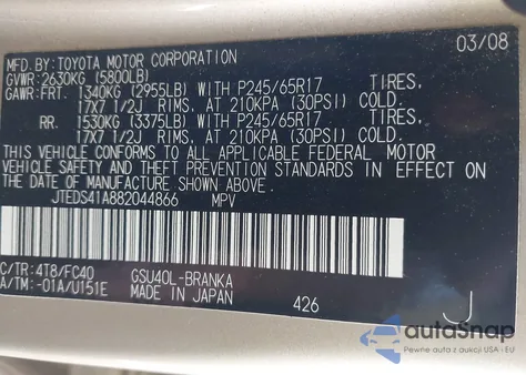 2008 Toyota Highlander from USA, damaged, VIN JTEDS41A882044866